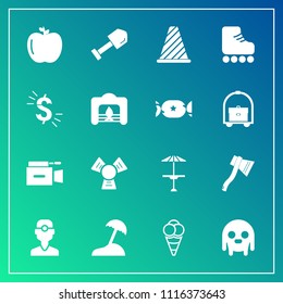 Modern, simple vector icon set on gradient background with healthy, cafe, film, ice, construction, traffic, background, video, microphone, table, camera, dentistry, island, dentist, television icons