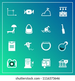 Modern, simple vector icon set on gradient background with package, photography, station, banking, hand, money, box, caravan, drill, vacation, sky, bank, work, tool, lollipop, gas, business icons