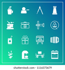 Modern, simple vector icon set on gradient background with chess, caffeine, beverage, giftbox, liquid, sign, music, accordion, instrument, desk, kitchen, present, cold, equipment, engineering icons