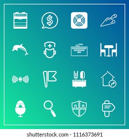 Modern, simple vector icon set on gradient background with nature, way, protection, nation, house, security, real, glass, zoom, kitchen, spring, holiday, property, arrow, flag, circle, price icons