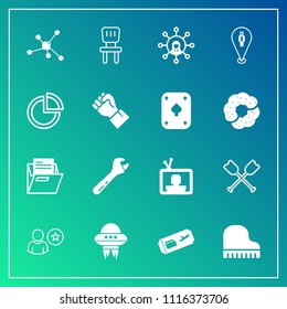 Modern, simple vector icon set on gradient background with ufo, chair, interior, paddle, wrench, communication, chemistry, room, spaceship, file, home, map, pin, tv, office, air, profile, boat icons