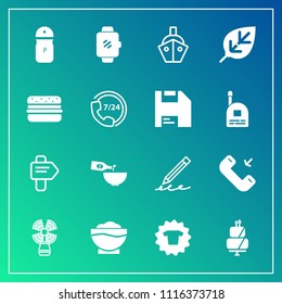 Modern, simple vector icon set on gradient background with watch, pie, dessert, seamark, lighthouse, sweet, ship, business, pencil, way, smart, gadget, spice, travel, phone, clothes, hand, cake icons