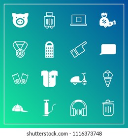Modern, simple vector icon set on gradient background with bag, underwater, pig, flipper, dessert, travel, ball, trash, bin, audio, stereo, garbage, clothing, food, pump, animal, cycle, white icons