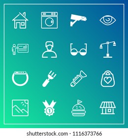 Modern, simple vector icon set on gradient background with security, fashion, surveillance, time, photography, safety, building, tomato, scenery, bread, washer, dinner, clean, fork, smart, photo icons