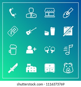 Modern, simple vector icon set on gradient background with knife, animal, people, music, restaurant, drink, account, employee, domino, dinner, beer, architecture, shovel, call, bar, sign, white icons
