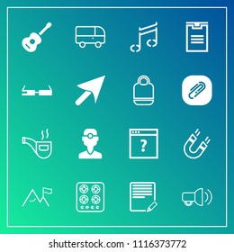 Modern, simple vector icon set on gradient background with kitchen, megaphone, transport, white, sound, edit, oven, communication, tobacco, dentistry, sign, package, document, gas, pipe, clinic icons