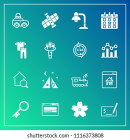 Modern, simple vector icon set on gradient background with time, outdoor, blossom, technology, estate, railway, decoration, car, lamp, station, cherry, orbit, business, sign, interior, bag, tent icons