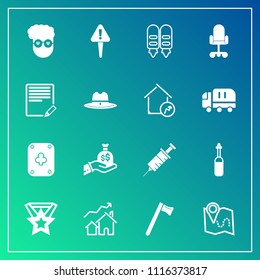 Modern, simple vector icon set on gradient background with medical, graphic, property, house, danger, pin, finance, medal, home, retro, wrench, equipment, hipster, money, fashion, tool, office,  icons