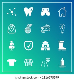 Modern, simple vector icon set on gradient background with pagoda, chemistry, footwear, food, home, fire, candle, clothes, cake, doughnut, building, decoration, architecture, sign, asia, estate icons