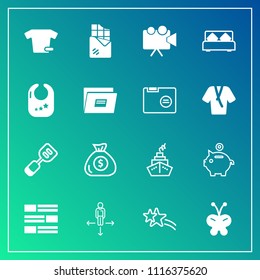 Modern, simple vector icon set on gradient background with dessert, investment, video, utensil, clothes, fashion, coin, chocolate, news, finance, , clothing, falling, sweet, spatula, tool, food icons