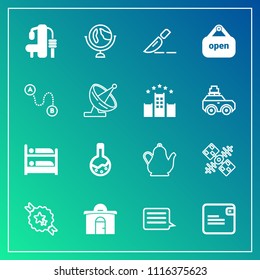Modern, simple vector icon set on gradient background with store, clinic, planet, open, space, globe, kettle, real, communication, tool, tea, technology, medical, laboratory, purse, surgery, map icons