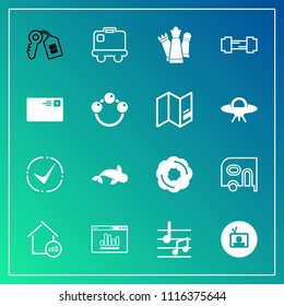 Modern, simple vector icon set on gradient background with airport, check, estate, website, musical, game, transport, bag, delivery, door, technology, price, gym, travel, security, sign, king icons