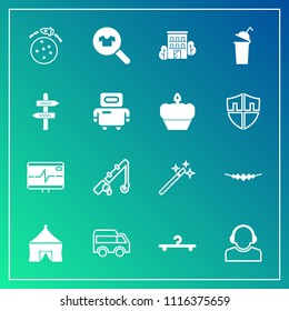 Modern, simple vector icon set on gradient background with planet, highway, travel, business, jewelry, space, pulse, female, hanger, beverage, fish, circus, real, fishing, cloakroom, accessory icons