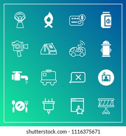 Modern, simple vector icon set on gradient background with luggage, mouse, screen, chat, travel, balloon, closed, technology, bonfire, musical, fork, music, knife, spoon, drum, electricity, air icons