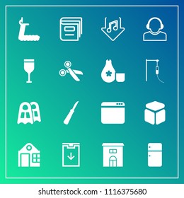 Modern, simple vector icon set on gradient background with refrigerator, internet, sake, kitchen, sound, cuisine, wine, book, red, real, fitness, sign, knife, gym, medicine, cut, service, music icons