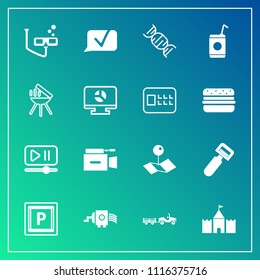 Modern, simple vector icon set on gradient background with chat, vegetable, pointer, delivery, film, player, television, vehicle, cooking, transport, interface, road, grill, liquid, mask, peeler icons