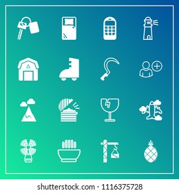 Modern, simple vector icon set on gradient background with nature, pineapple, glass, seamark, airplane, key, destruction, blue, food, construction, dinner, sea, communication, plane, hammer, sky icons