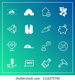 Modern, simple vector icon set on gradient background with bicycle, sign, wheel, chat, spring, property, person, reward, adventure, fashion, estate, cap, communication, forbidden, hat, life, win icons