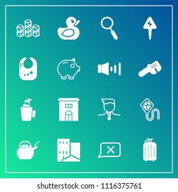 Modern, simple vector icon set on gradient background with money, storage, house, toy, travel, economy, bag, hot, success, luggage, gold, duck, play, competition, business, sky, industrial, joy icons