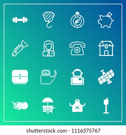 Modern, simple vector icon set on gradient background with white, bank, kitchen, north, bugle, planet, trumpet, construction, comet, equipment, cream, direction, cosmos, coin, hot, restaurant icons