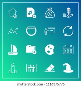 Modern, simple vector icon set on gradient background with restaurant, file, data, apartment, money, growth, ship, financial, hat, wind, folder, business, finance, sweet, seedling, new, property icons