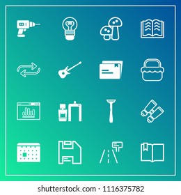 Modern, simple vector icon set on gradient background with bulb, schedule, traffic, time, computer, white, spy, road, website, calendar, machine, analytics, replace, literature, day, watch, scan icons
