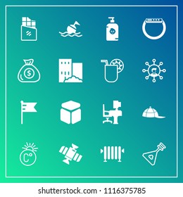 Modern, simple vector icon set on gradient background with scale, buoy, safety, planet, technology, food, dessert, table, bar, square, chocolate, business, national, orbit, sweet, cube, musical icons