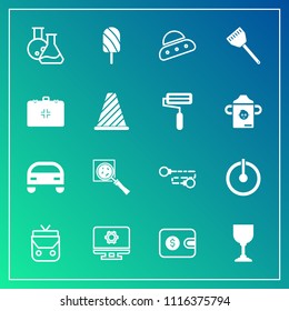Modern, simple vector icon set on gradient background with car, style, technology, kitchen, tool, fashion, object, ship, setting, medicine, alcohol, health, spaceship, dessert, off, leather, ufo icons
