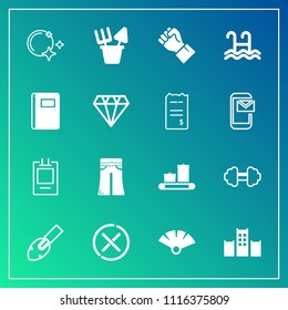 Modern, simple vector icon set on gradient background with woman, fan, cancel, sky, white, notebook, gym, toy, background, star, people, hotel, japanese, label, no, bed, construction, concept icons