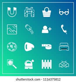 Modern, simple vector icon set on gradient background with protection, bed, search, luck, observatory, object, risk, office, magnetic, bedroom, game, bag, science, dirt, festival, holiday, music icons