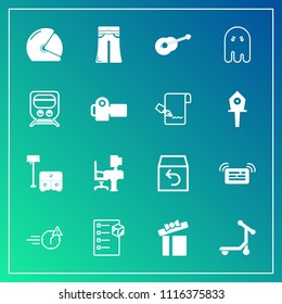 Modern, simple vector icon set on gradient background with motorbike, man, biker, guitar, ghost, work, horror, elegant, celebration, return, pants, cargo, fear, package, shipping, female, box icons