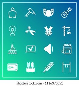 Modern, simple vector icon set on gradient background with barbecue, safe, chat, musical, up, white, sale, kebab, spoon, construction, money, communication, , diaper, newborn, shovel, infant icons