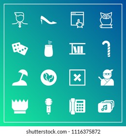 Modern, simple vector icon set on gradient background with casino, file, king, sea, voice, communication, fashion, gold, ninja, music, animal, click, caffeine, island, medal, sign, gambling, web icons