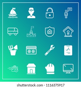 Modern, simple vector icon set on gradient background with board, communication, white, wrench, computer, medical, sand, warm, display, tape, hammer, heart, shop, wind, digital, monitor, late icons