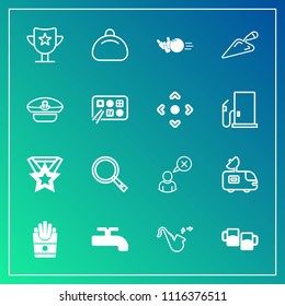 Modern, simple vector icon set on gradient background with pub, van, drink, sign, beer, reward, win, tv, object, leather, bowling, antenna, profile, online, television, jazz, snack, bag, award icons