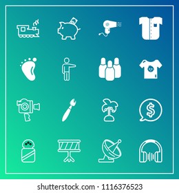 Modern, simple vector icon set on gradient background with technology, transport, tag, spice, frame, travel, circle, investment, white, communication, finance, paint, summer, satellite, money icons