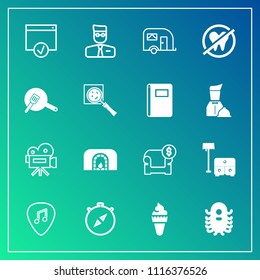 Modern, simple vector icon set on gradient background with ice, furniture, guitar, warm, page, direction, home, vehicle, christmas, space, bed, transport, camera, monster, chair, user, sofa, ufo icons