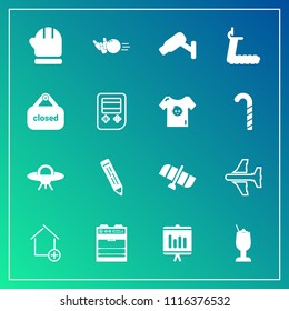 Modern, simple vector icon set on gradient background with flight, business, aircraft, treadmill, sign, drink, kitchen, travel, alcohol, glass, home, apartment, bowling, annual, report, season icons