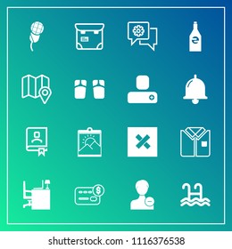 Modern, simple vector icon set on gradient background with sign, mobile, white, desk, communication, music, closed, sound, professional, karaoke, people, book, address, card, picture, mic, water icons