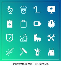 Modern, simple vector icon set on gradient background with coffee, fun, house, roll, skating, apron, drink, cafe, violoncello, chef, uniform, security, equipment, finger, sport, baja, increase icons