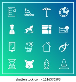 Modern, simple vector icon set on gradient background with umbrella, interior, dentist, lamp, water, document, landscape, light, sand, nature, timer, bunny, sign, forest, drink, contract, animal icons