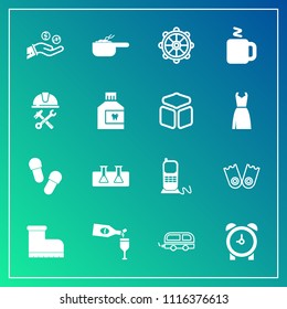 Modern, simple vector icon set on gradient background with money, clock, fashion, wine, stationary, wheel, hand, footwear, sea, red, ship, business, science, food, phone, alarm, time, leather icons