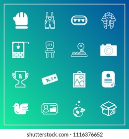 Modern, simple vector icon set on gradient background with clothing, airplane, wildlife, cardboard, unpacking, space, science, spaceship, plane, first, healthy, card, box, astronaut, cold, wear icons