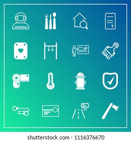 Modern, simple vector icon set on gradient background with security, spoon, screwdriver, technology, sign, camera, safety, fire, tool, restaurant, real, photographer, online, chain, search, fork icons