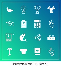 Modern, simple vector icon set on gradient background with bathroom, fashion, laboratory, stone, sea, aircraft, sign, creative, musical, soft, winner, food, gesture, bucket, idea, nature, old icons
