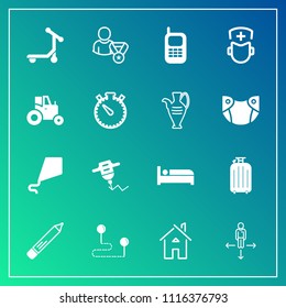 Modern, simple vector icon set on gradient background with place, luggage, office, road, machine, business, map, direction, architecture, work, doctor, position, destination, mobile, old, fun icons