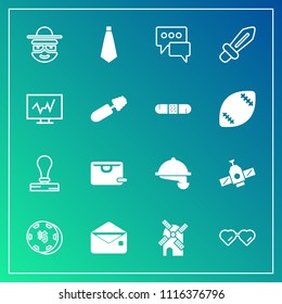Modern, simple vector icon set on gradient background with orbit, character, tie, knight, mail, food, sunglasses, speech, fashion, electricity, blade, gambling, technology, service, happy, space icons
