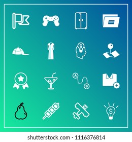 Modern, simple vector icon set on gradient background with airplane, position, grilled, organic, shirt, first, business, fruit, winner, point, fresh, flight, summer, play, flag, award, concept icons