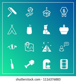 Modern, simple vector icon set on gradient background with location, communication, paint, toothbrush, movie, shovel, shipping, award, delivery, first, tool, espresso, map, chat, drink, tooth icons