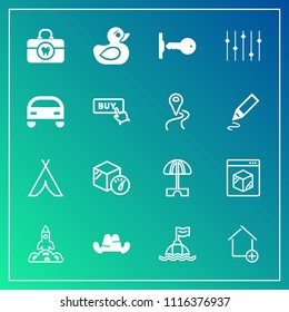 Modern, simple vector icon set on gradient background with sea, key, shuttle, brush, headwear, health, play, apartment, parasol, sun, cap, outdoor, hygiene, adventure, launch, delivery, travel icons